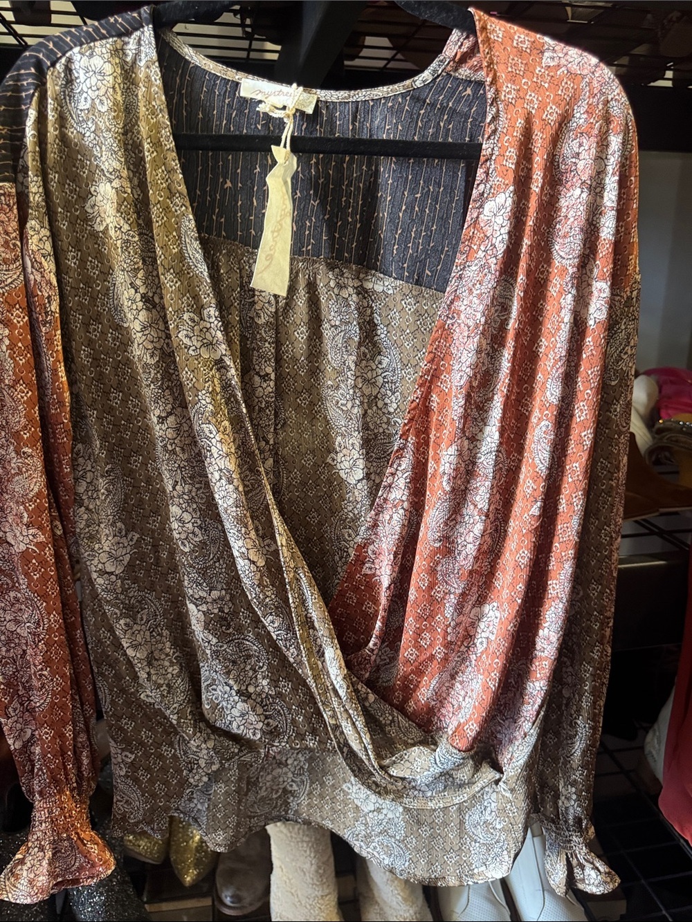 Mystree Brown and Rust Printed Surplice Blouse